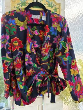 Claiborne Floral Wrap Top in Black with Bright Multi-Color Print